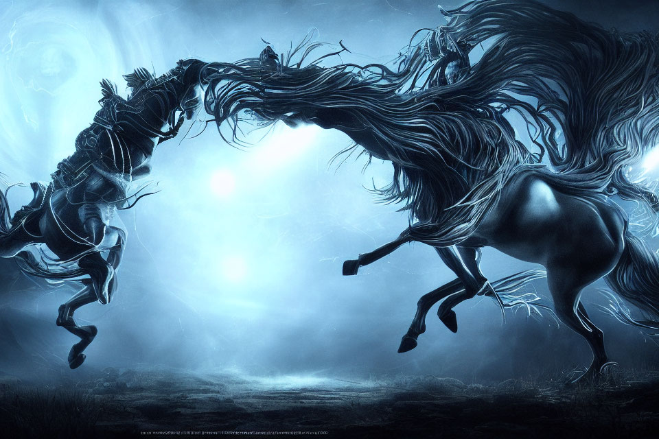 Ethereal horses with spectral rider in monochromatic blue landscape