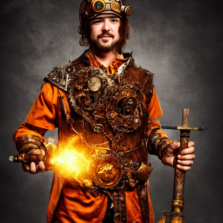 Steampunk man with glowing device and sword in hand on grey background
