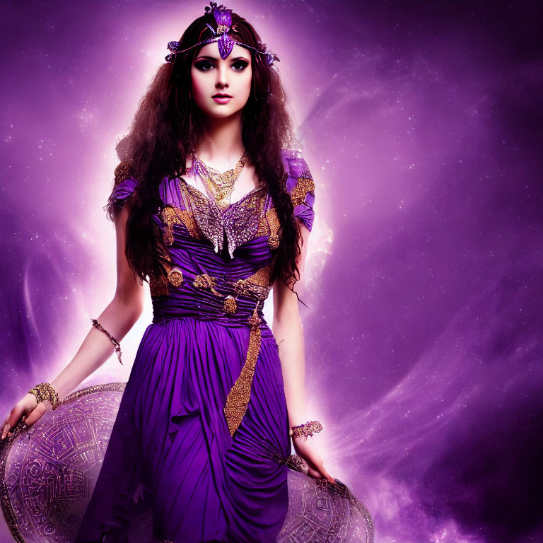 Fantasy woman in purple costume with shields on mystical background