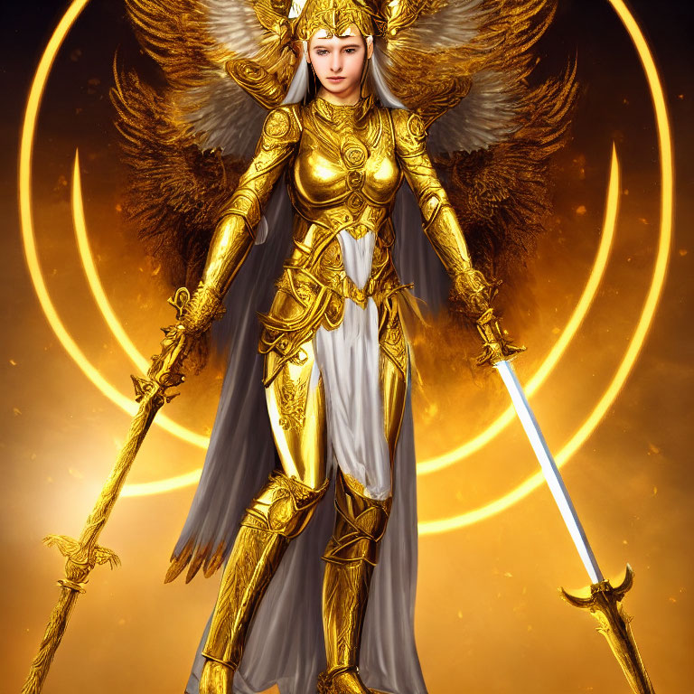 Detailed Warrior Angel Illustration in Golden Armor with Glowing Sword