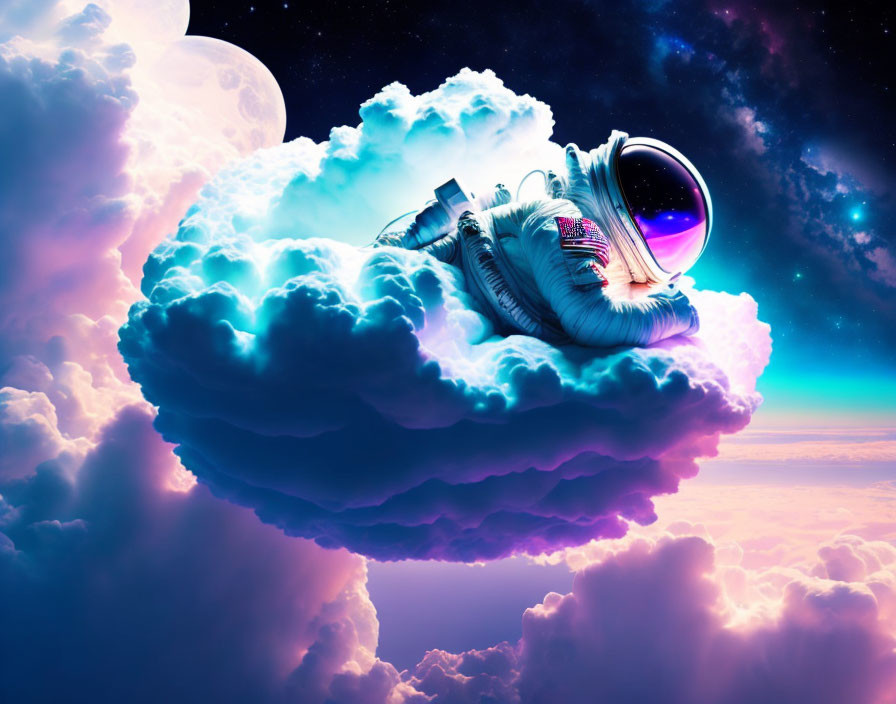 Astronaut reclining on cloud with reflective visor in cosmic scene