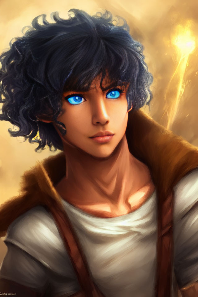 Digital portrait of person with blue eyes and black curly hair in white top and brown cloak against warm backdrop