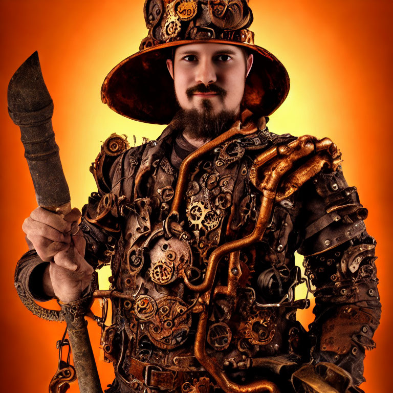 Steampunk-themed man in intricate attire with gears and pipes on orange background