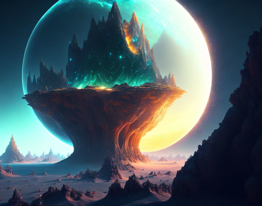 Fantastical landscape with floating island and snow-covered terrain under giant celestial body