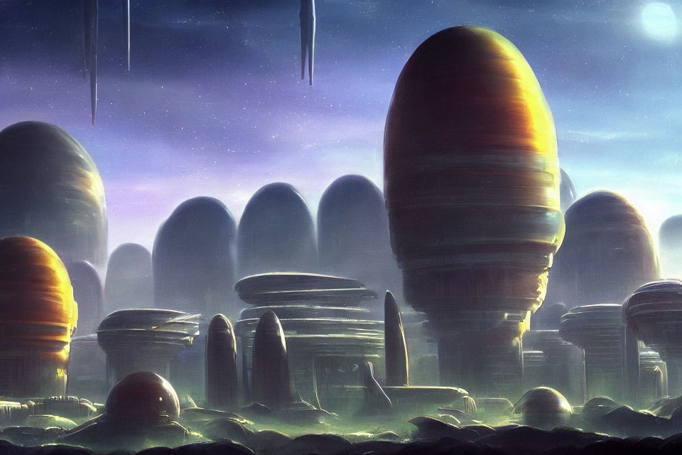 Sci-fi landscape with egg-shaped structures on rocky terrain under starry sky