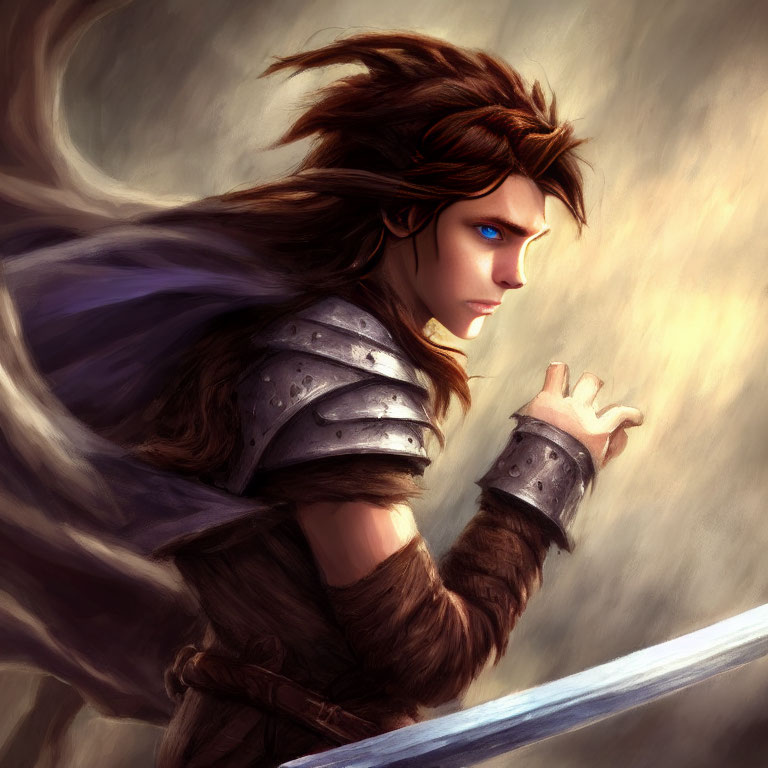 Fantasy female warrior digital art with brown hair and silver armor