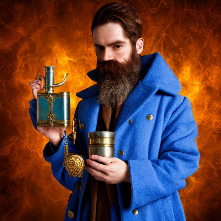 Bearded man in blue coat with telescope and cup in fiery background