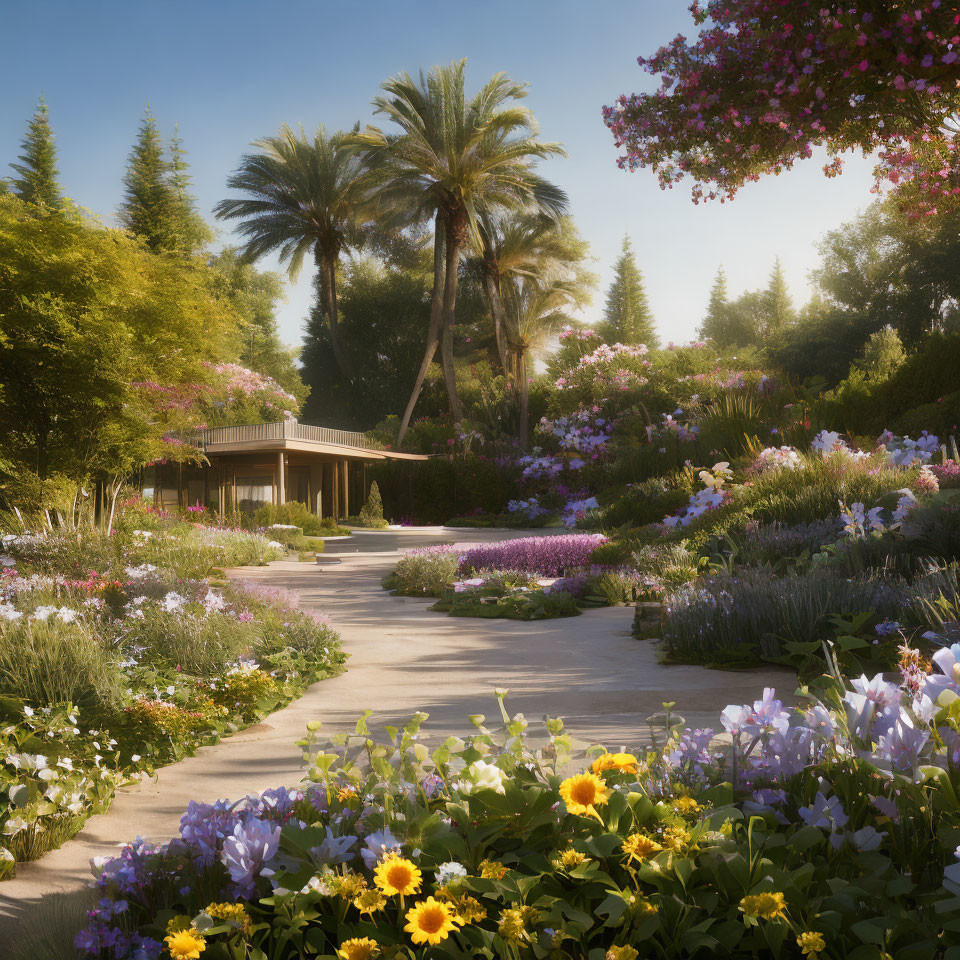 Tranquil garden pathway with lush flowers and trees leading to modern pavilion