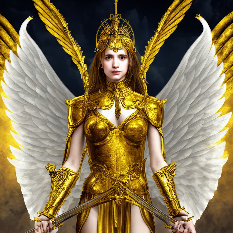 Golden armored figure with winged helmet and white wings under cloudy sky