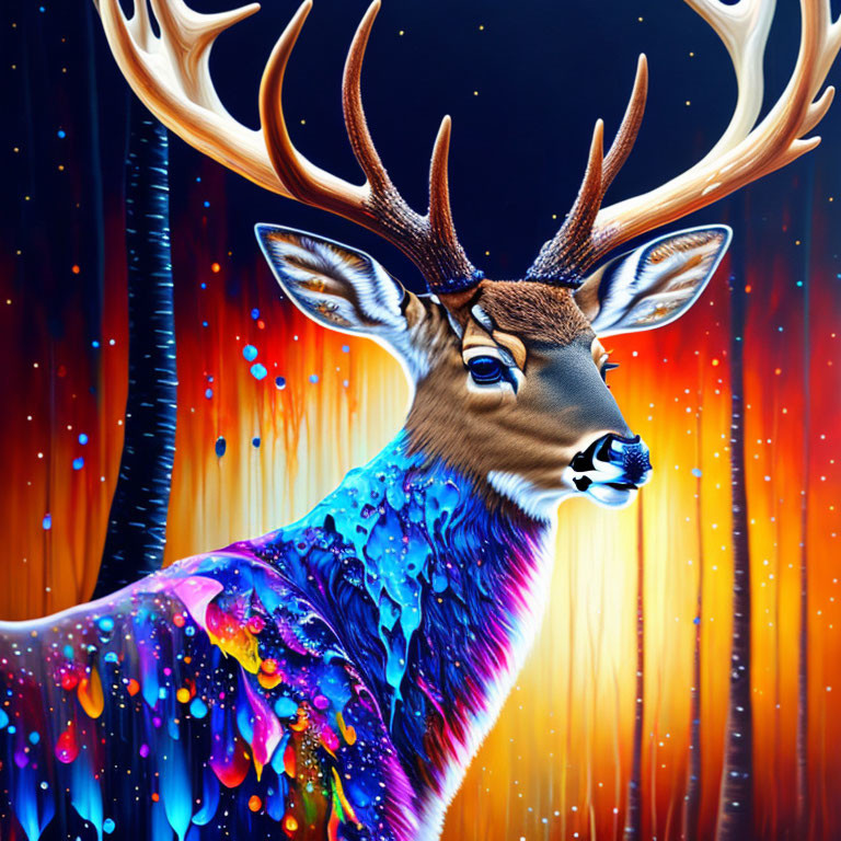 Colorful Deer Artwork with Iridescent Coat & Paint Splatter Effects