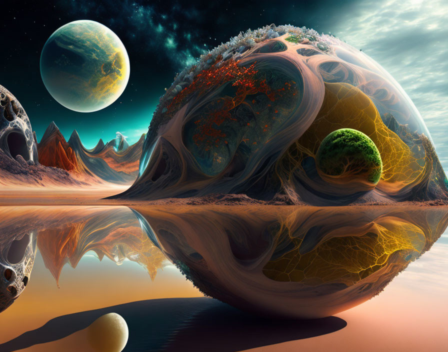 Vibrant alien planets in surreal landscape with two moons