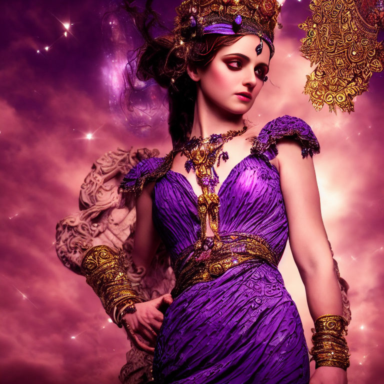 Person in Dramatic Makeup and Regal Purple Dress with Gold Jewelry in Celestial Setting