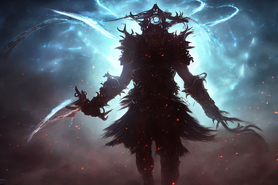 Mystical figure in ornate dark armor under cosmic sky
