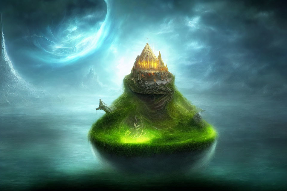 Mystical floating island with glowing castle in stormy sky