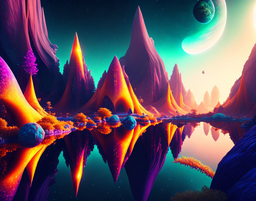 Luminescent mountains in otherworldly landscape under purple sky