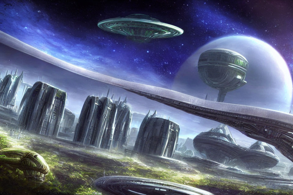 Futuristic cityscape with towering buildings and flying saucers