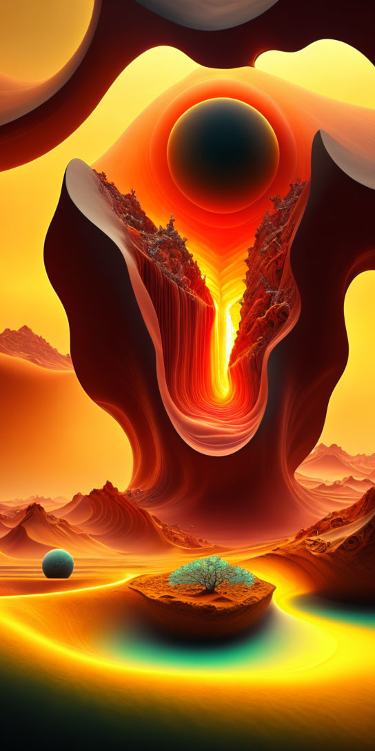 Vibrant surreal landscape with volcanic structure and waterfall