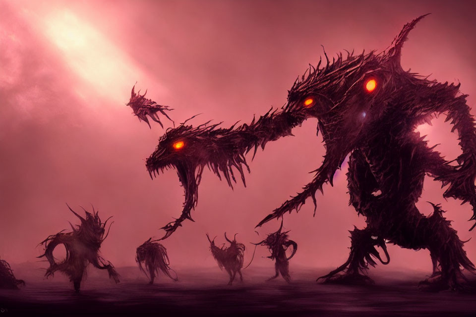 Sinister Thorny Creatures with Glowing Red Eyes in Dark Artwork