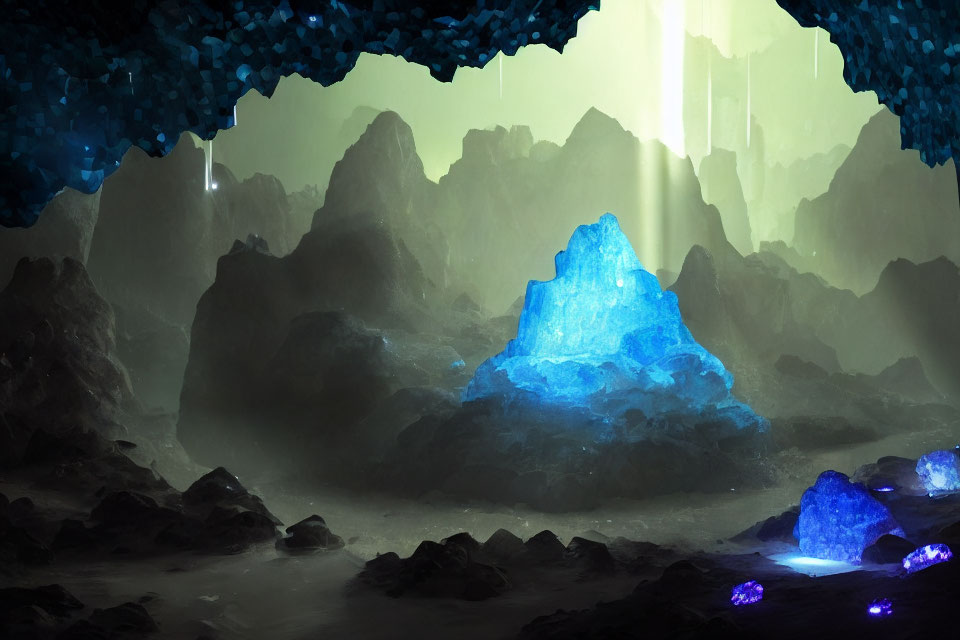 Mystical Cave with Ethereal Blue Crystals and Light Shafts