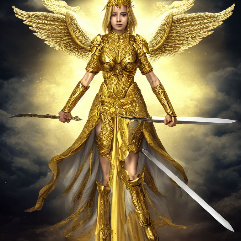 Female warrior in golden armor and wings with sword under dramatic sky