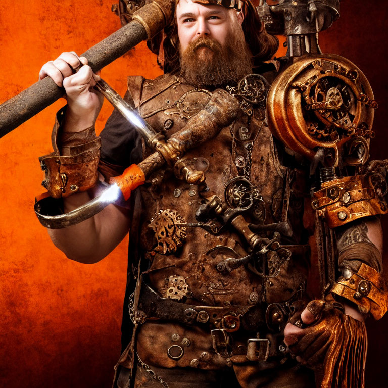 Steampunk-themed person with mechanical arm and blue flames gadget on orange background