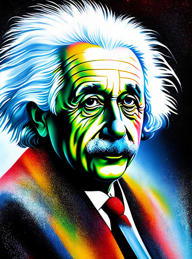 Colorful portrait of a man with white hair and mustache on cosmic backdrop