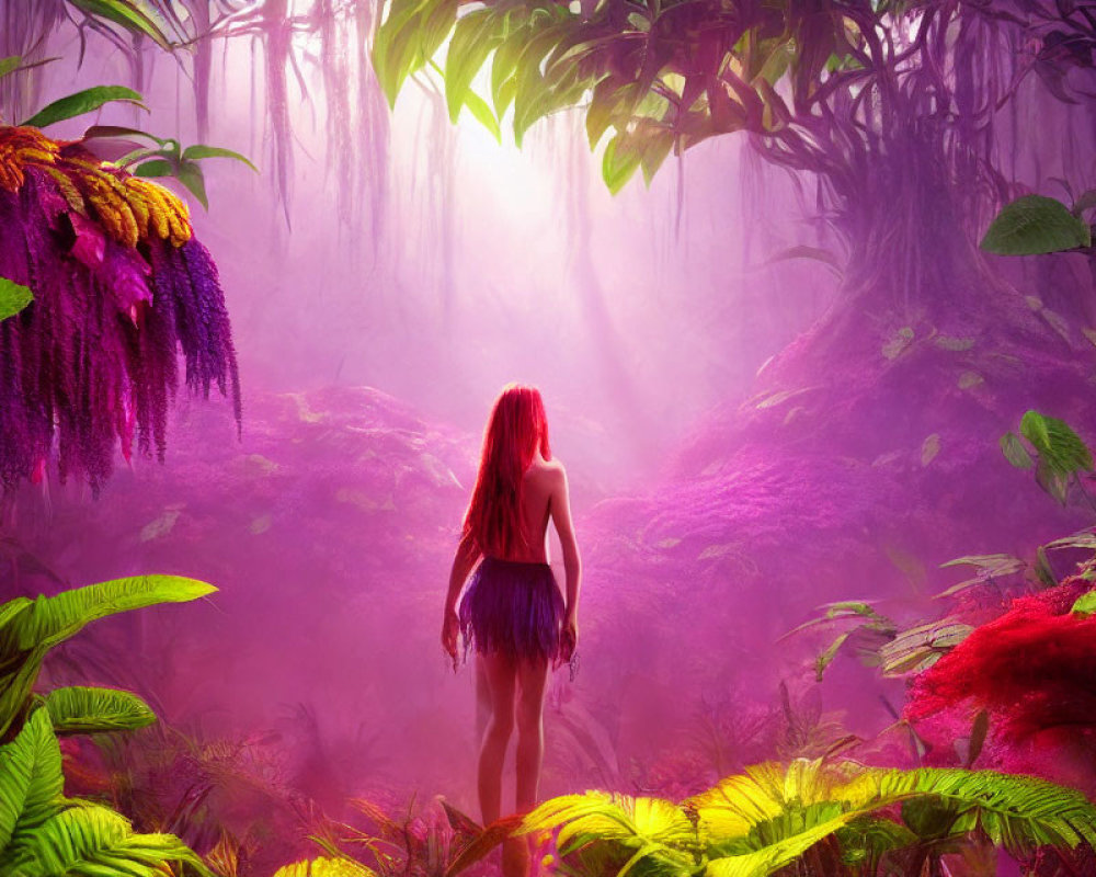 Red-Haired Person in Mystical Forest with Purple Foliage