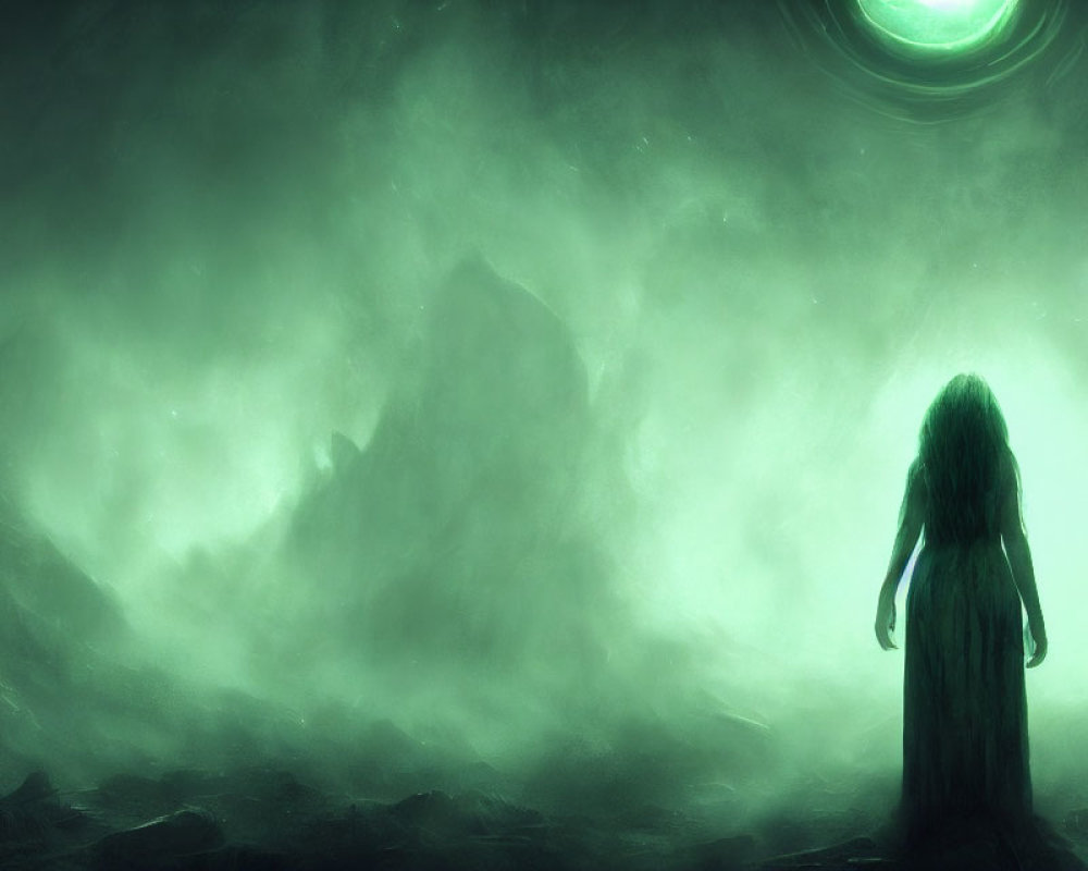 Mysterious lone figure in front of swirling green nebula
