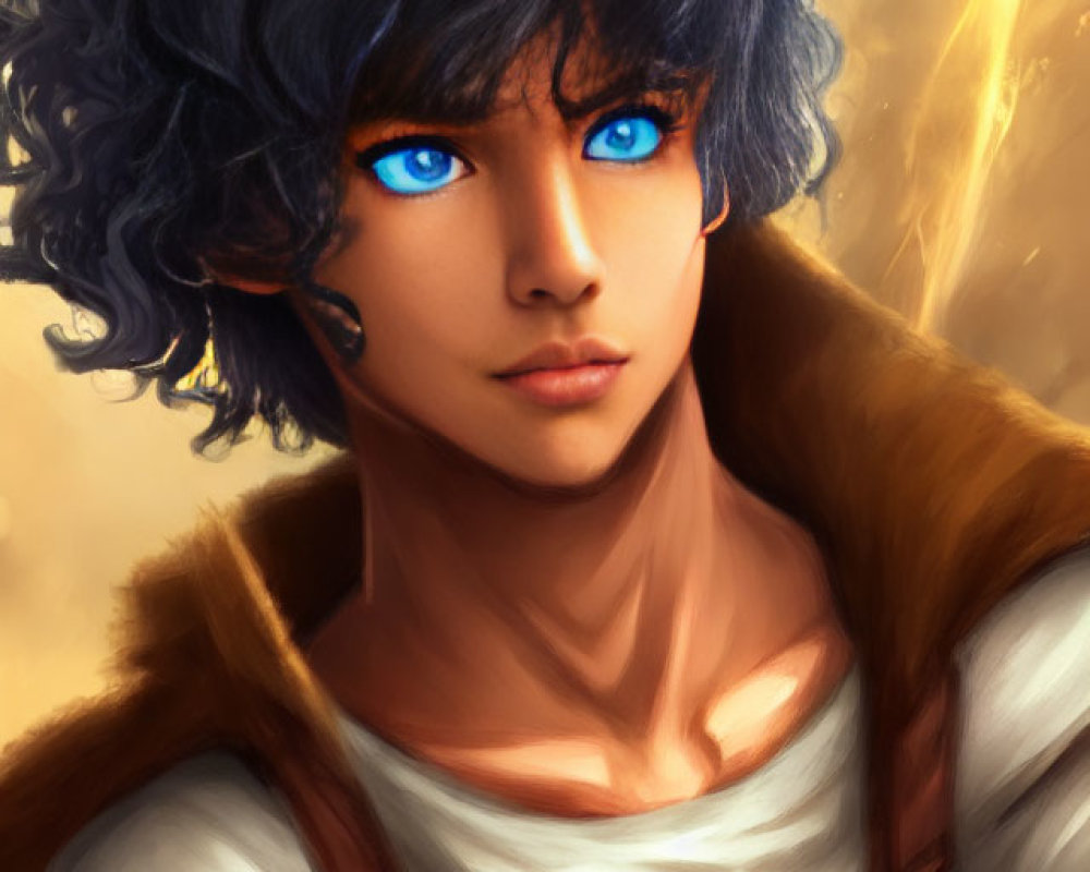 Digital portrait of person with blue eyes and black curly hair in white top and brown cloak against warm backdrop