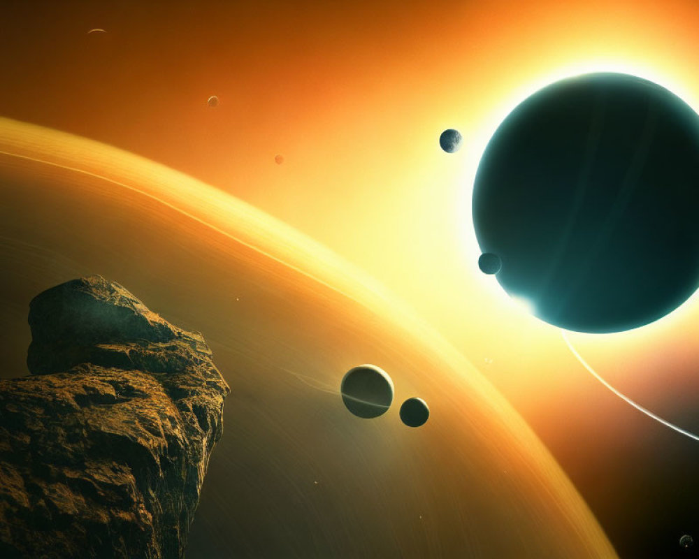 Celestial digital art: exoplanet eclipse, moons, glowing sun