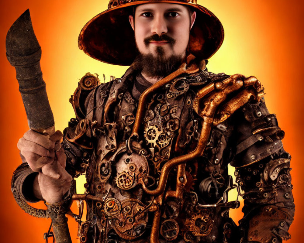 Steampunk-themed man in intricate attire with gears and pipes on orange background