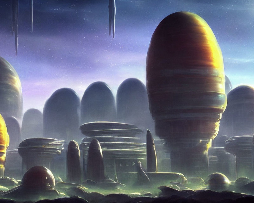Sci-fi landscape with egg-shaped structures on rocky terrain under starry sky