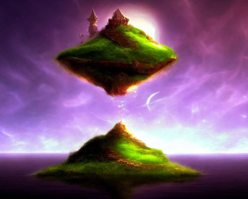 Floating island with greenery & structures over calm sea, under purple sky & full moon