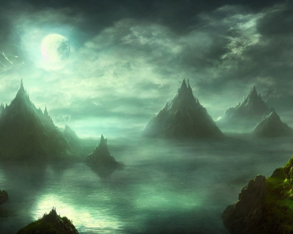 Moonlit Fantasy Landscape with Spiky Mountains & Ethereal Glow