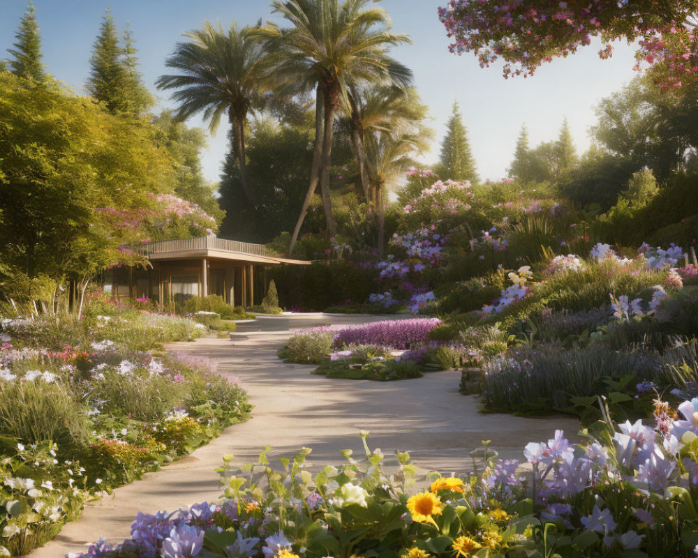 Tranquil garden pathway with lush flowers and trees leading to modern pavilion