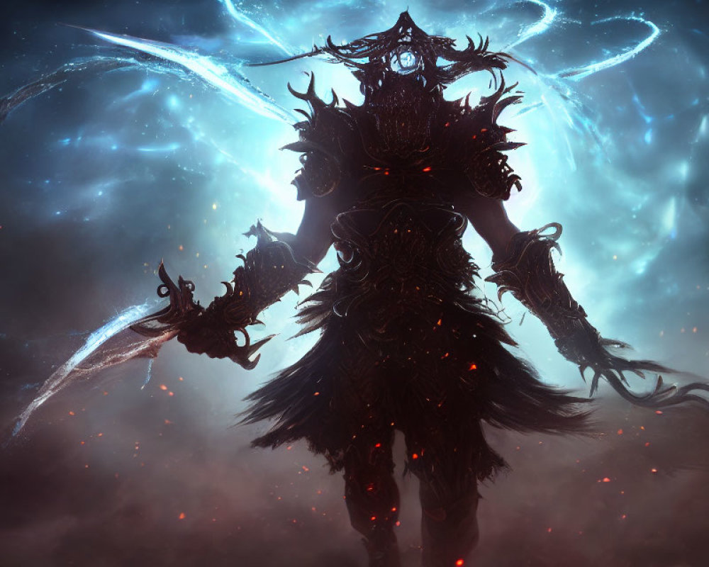 Mystical figure in ornate dark armor under cosmic sky