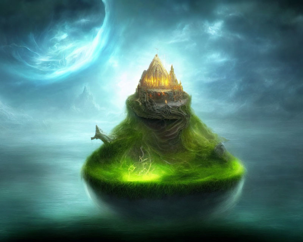 Mystical floating island with glowing castle in stormy sky