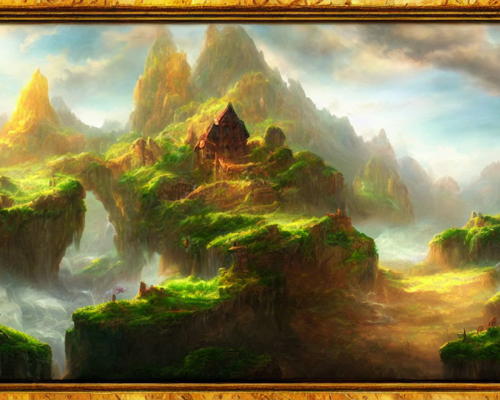 Fantasy landscape painting with floating islands and mystical structures