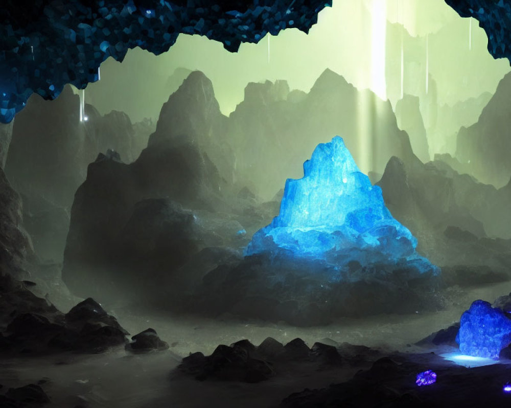 Mystical Cave with Ethereal Blue Crystals and Light Shafts
