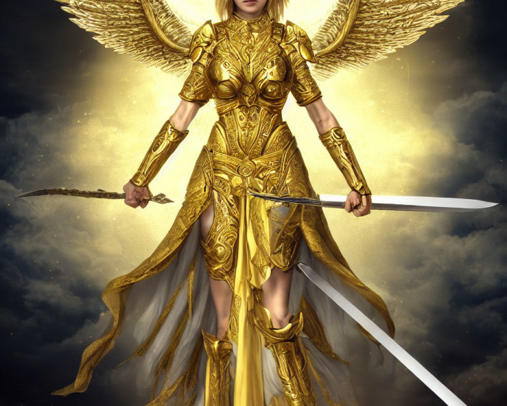 Female warrior in golden armor and wings with sword under dramatic sky