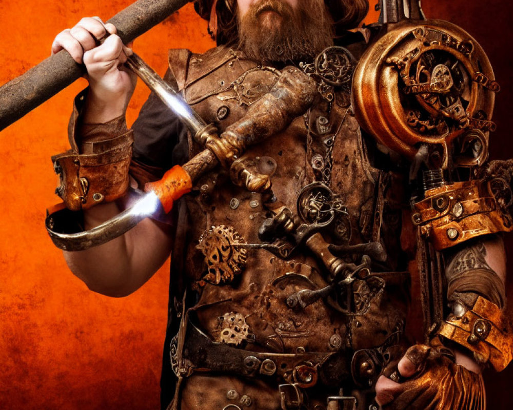 Steampunk-themed person with mechanical arm and blue flames gadget on orange background