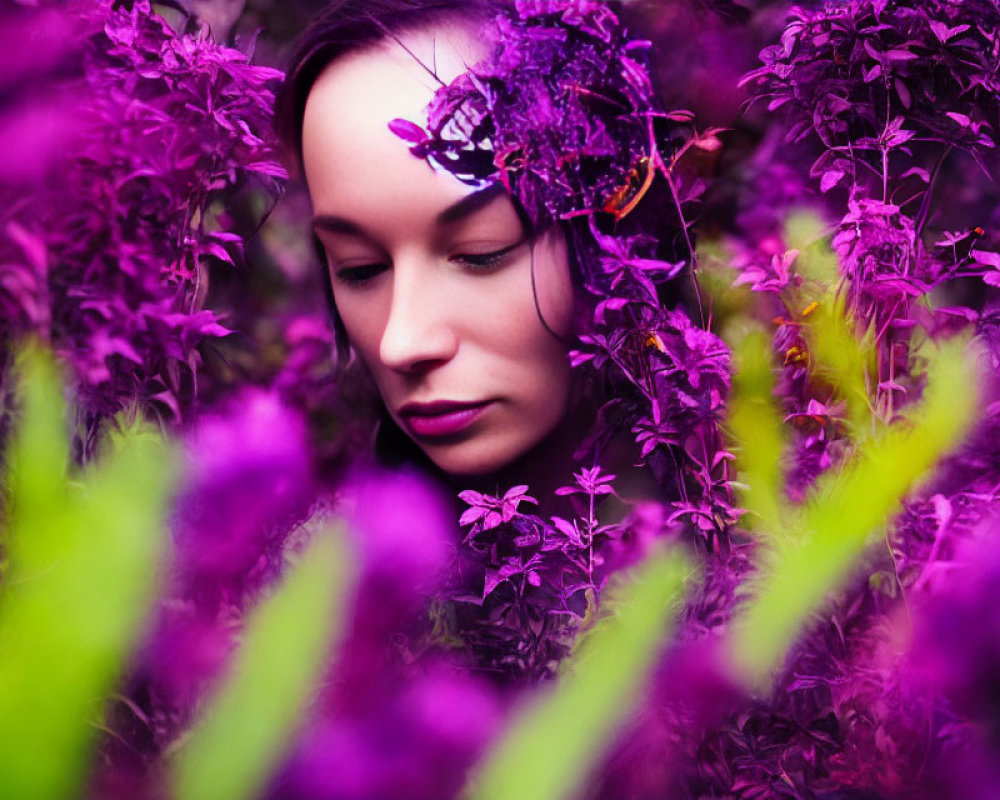 Serene woman with purple flower petals, blending human and nature