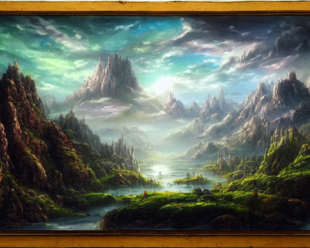 Scenic landscape painting of serene valley with mountains