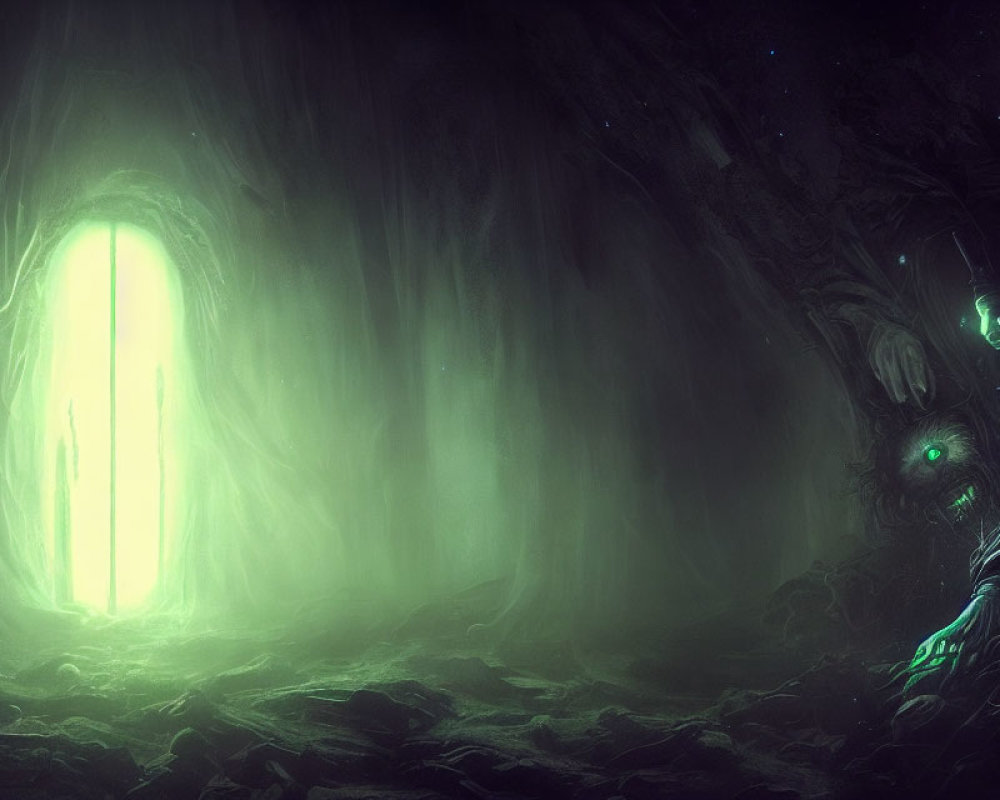 Mysterious Green-Lit Cave with Glowing Doorway and Shadowy Figure
