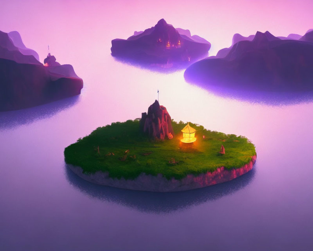 Fantasy landscape at dusk with floating islands and glowing lantern