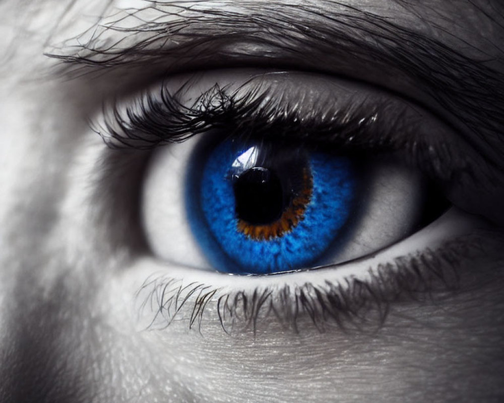 Detailed Close-Up of Vibrant Blue Human Eye with Eyelashes and Eyebrows