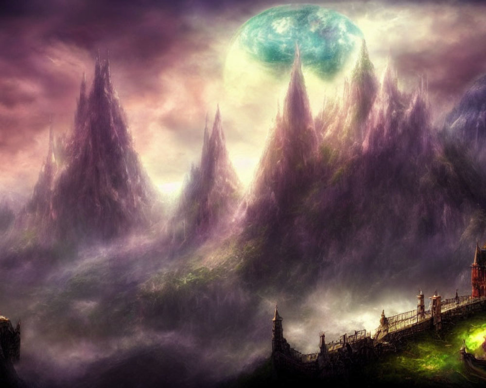 Fantastical landscape with purple mountains, castle, misty valleys, and ethereal glow