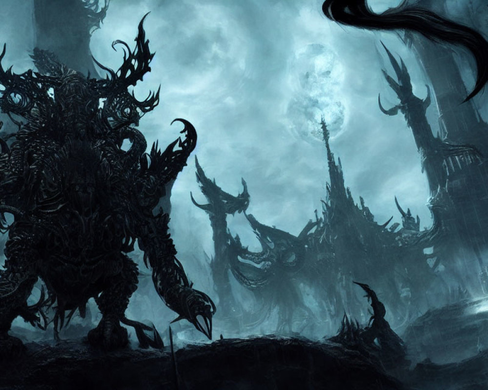 Ominous fantasy landscape with armored creature and eerie structures