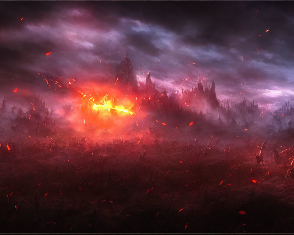 Menacing landscape with fiery embers, glowing lava, and towering spires