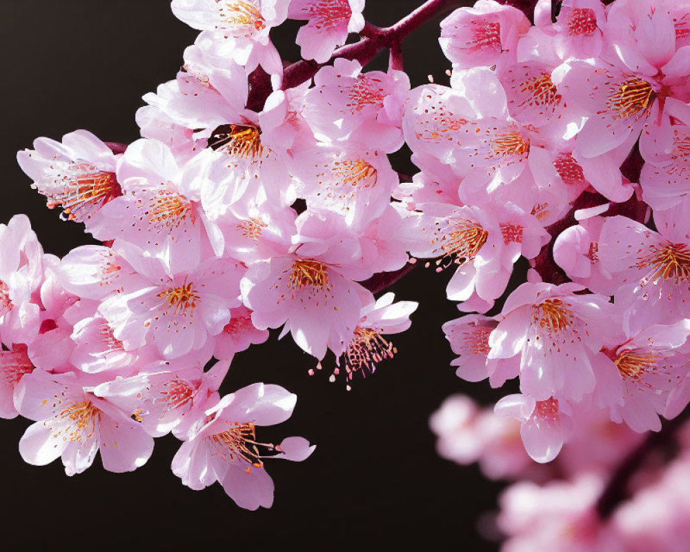 Bright Pink Cherry Blossoms with Delicate Petals and Prominent Stamens on Dark Background